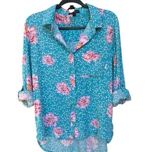 Heart Teal Floral Button-Down Shirt